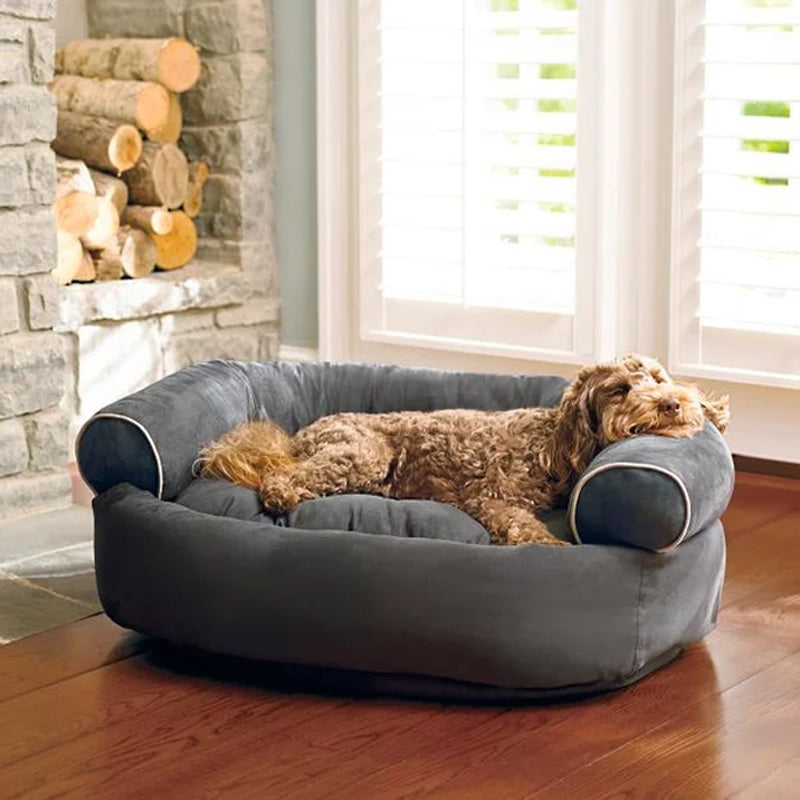 Bolster dog bed with rolled sides, dark gray fabric and oval front cutouts