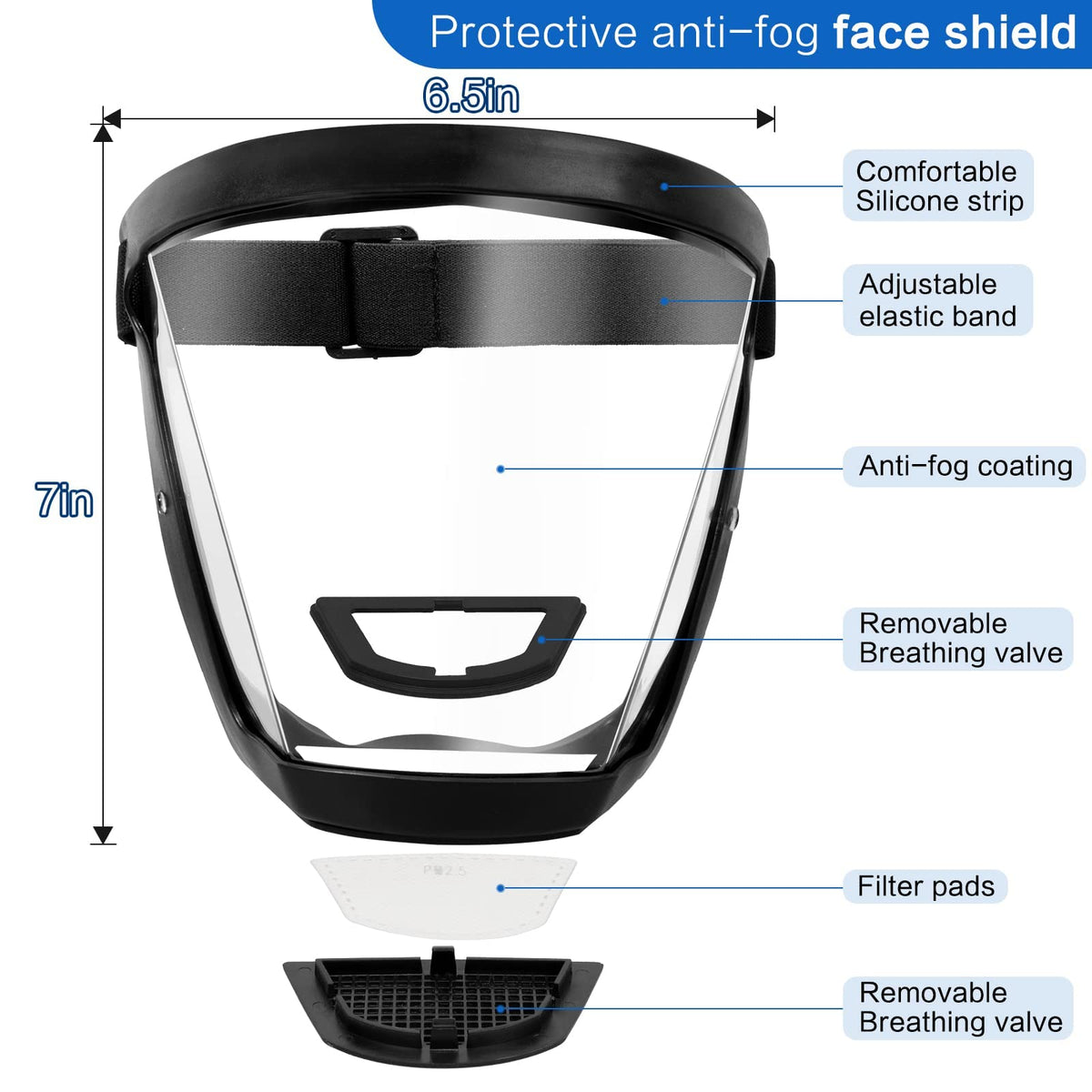 Anti-fog face shield with clear visor, black frame, adjustable elastic headband