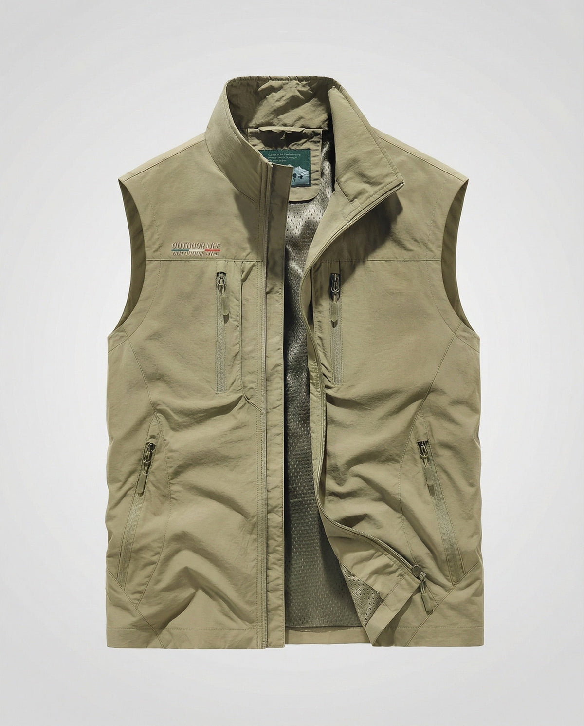 Sage green utility gilet vest with stand collar, front zip, and zip pockets.