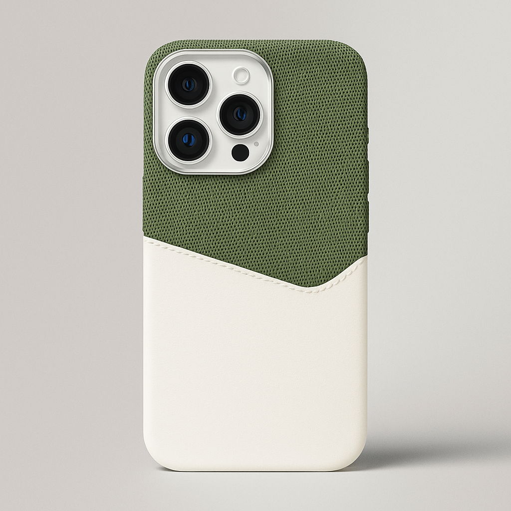 Green textured leather camera guard case with white bottom panel and camera lens cutouts