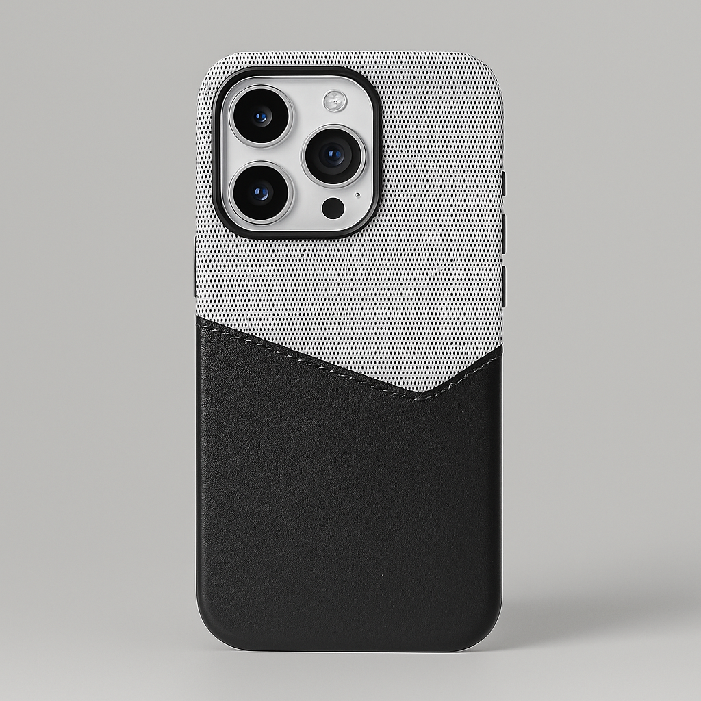 Two-tone dark gray leather camera guard case with textured top and camera cutout