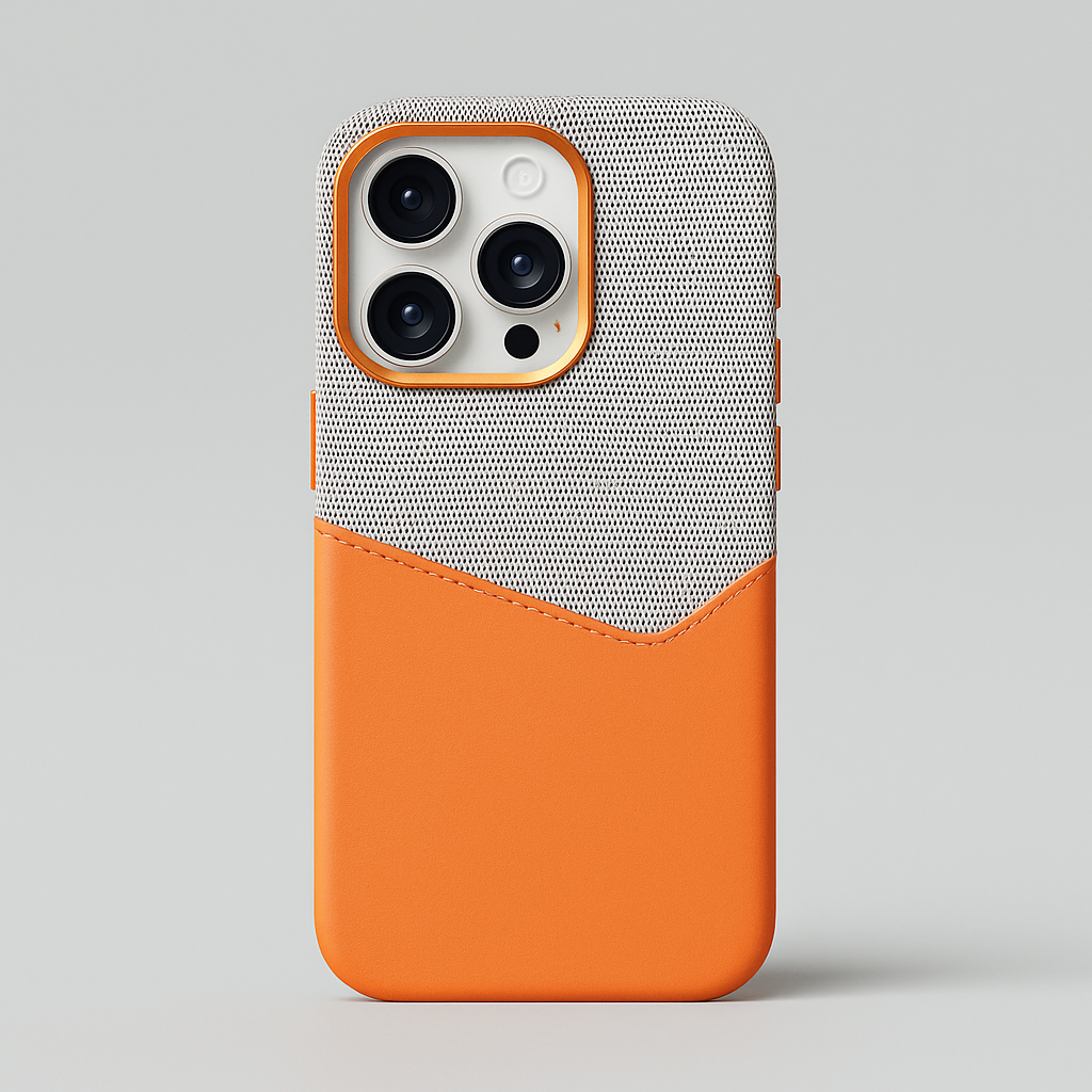 Two-tone orange leather camera guard case with textured top and camera cutout