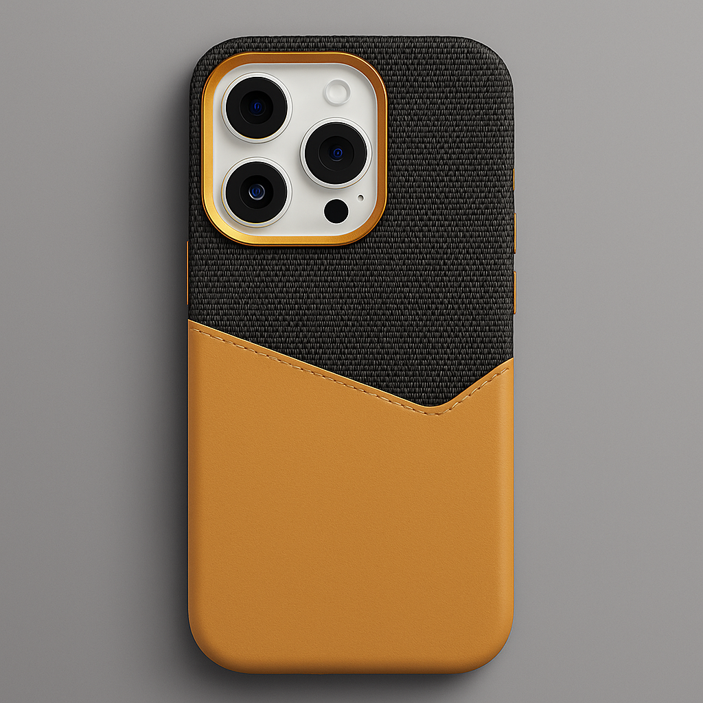 Two-tone tan and black leather camera guard case with textured top and camera cutout