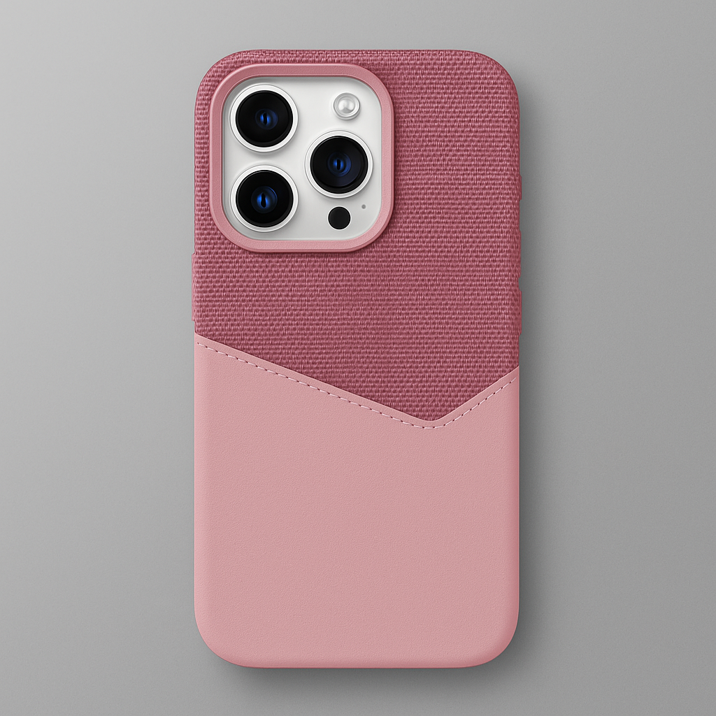 Two-tone rose pink leather camera guard case with textured top and camera cutout
