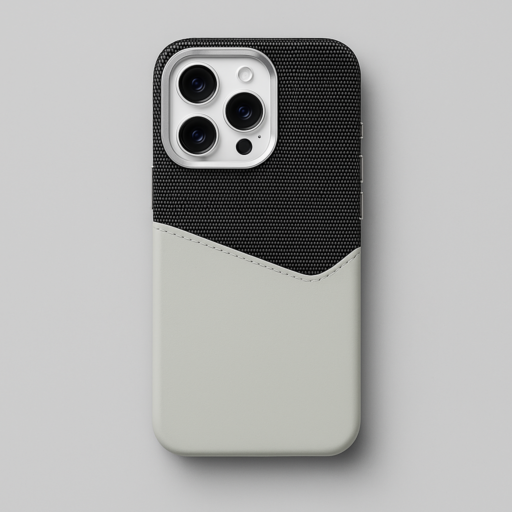 Two-tone light gray leather camera guard case with textured top and camera cutout