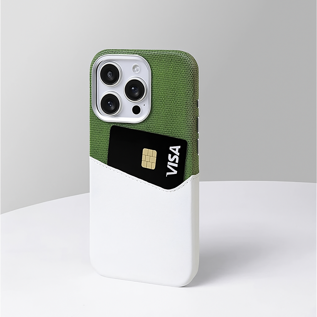 Green textured leather camera guard case with white bottom and VISA card in front slot