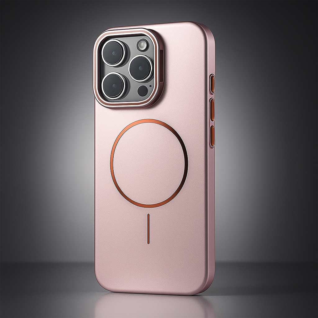 Matte hard shell phone case in pink, with circular ring and camera cutout