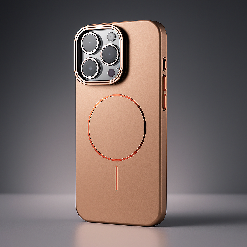 Matte hard shell phone case in bronze, with circular ring detail and side button cutouts