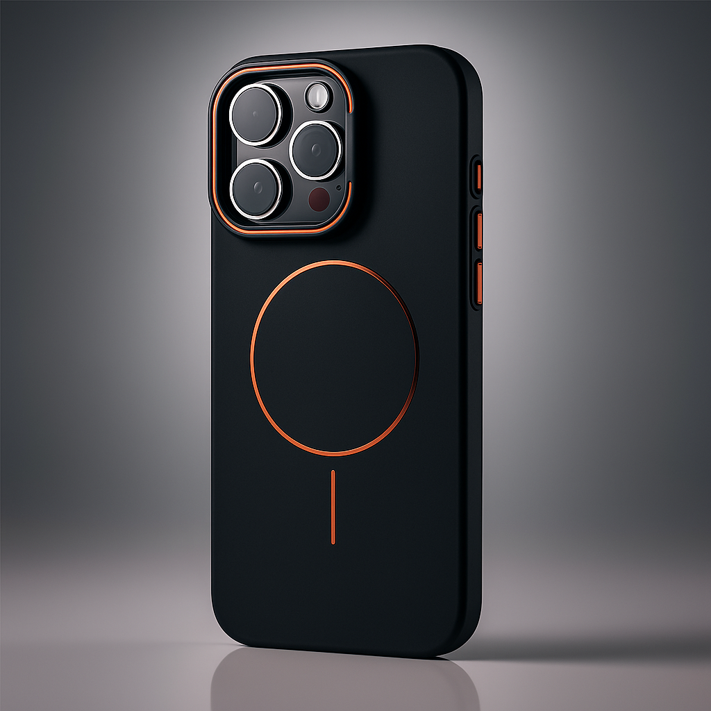 Matte hard shell phone case in black, with circular ring and cutouts for camera and ports