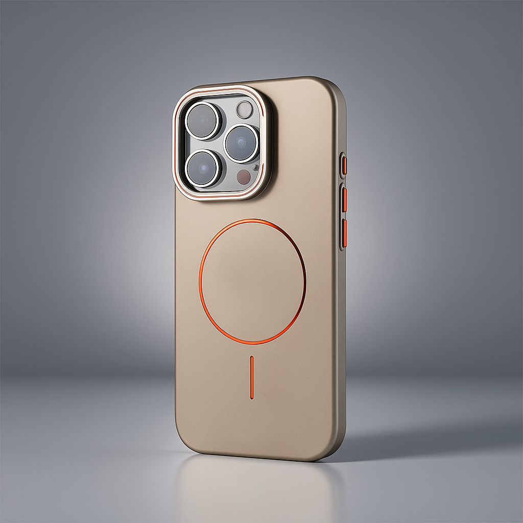 Matte hard shell phone case in bronze, with circular ring and raised camera protection