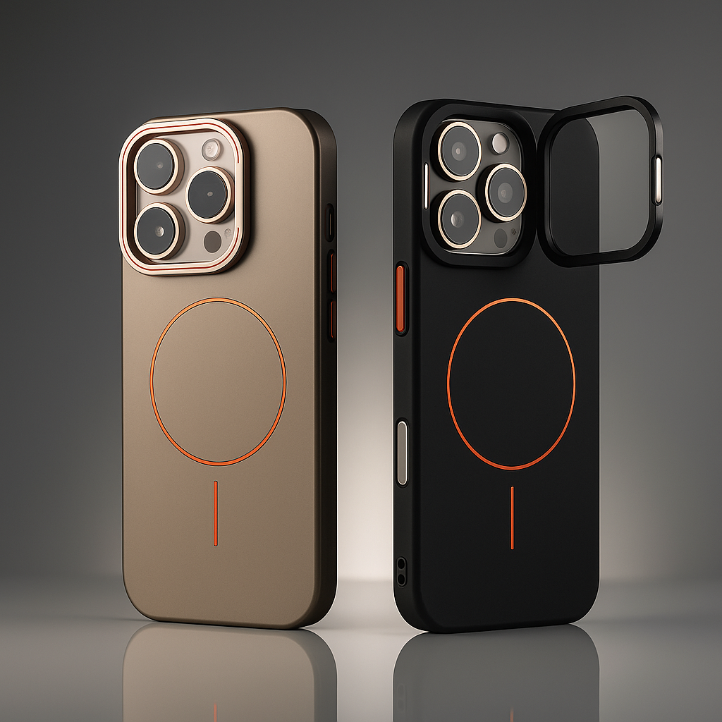Matte hard shell phone case, bronze and black, with circular MagSafe-style ring detail