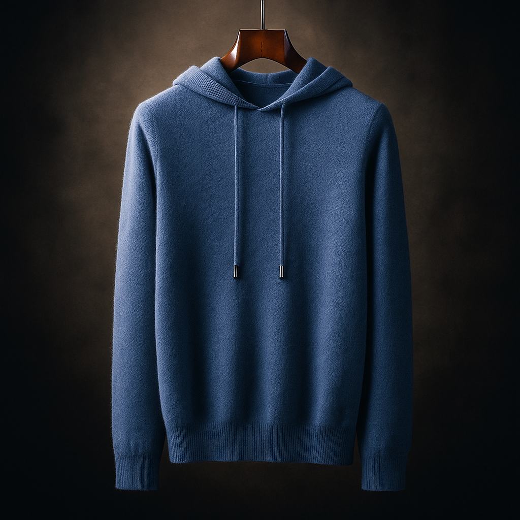 Relaxed adjustable hood pullover, blue color front view