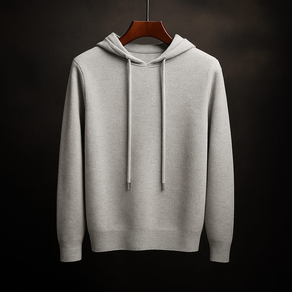 Relaxed adjustable hood pullover, gray color front view