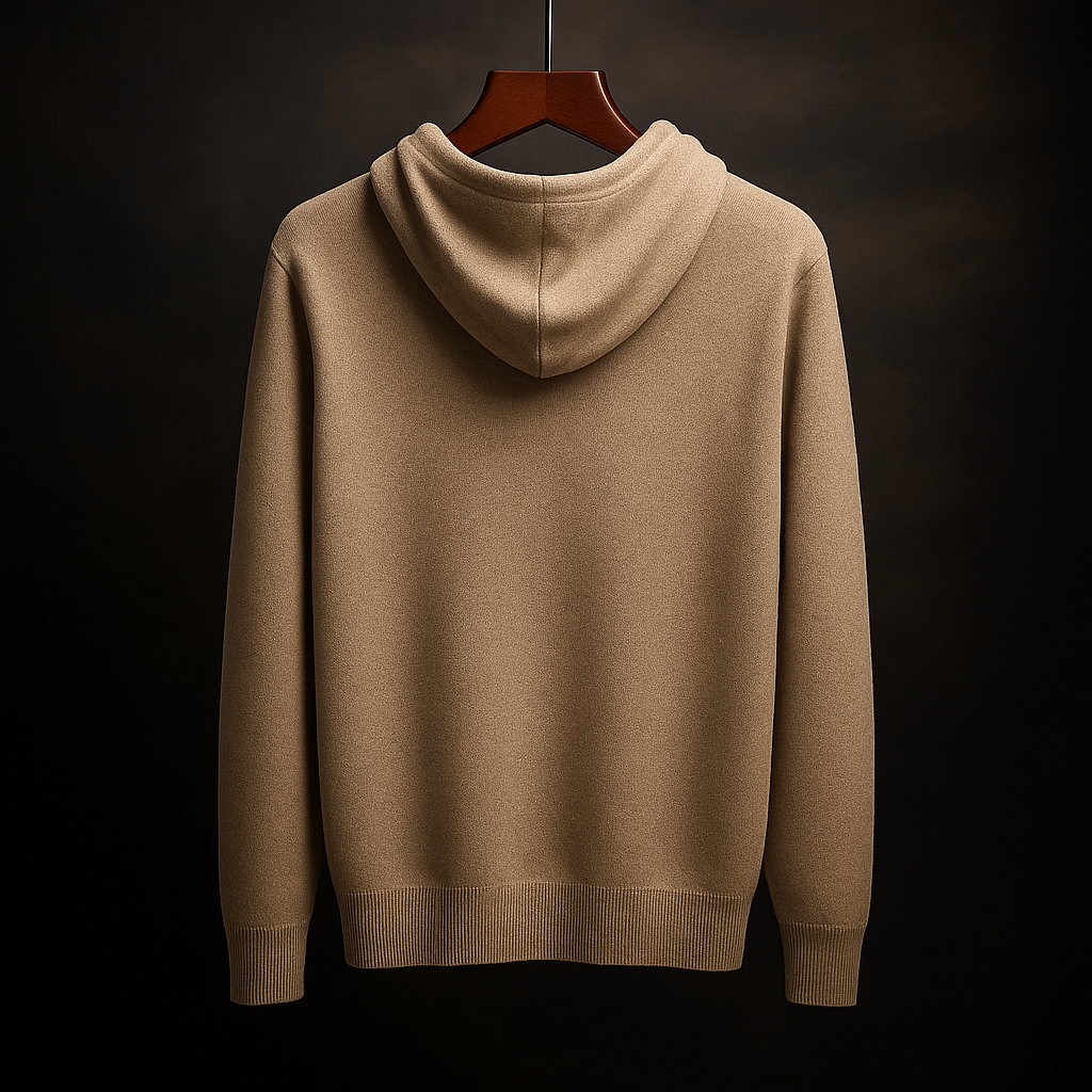 Relaxed adjustable hood pullover, back view