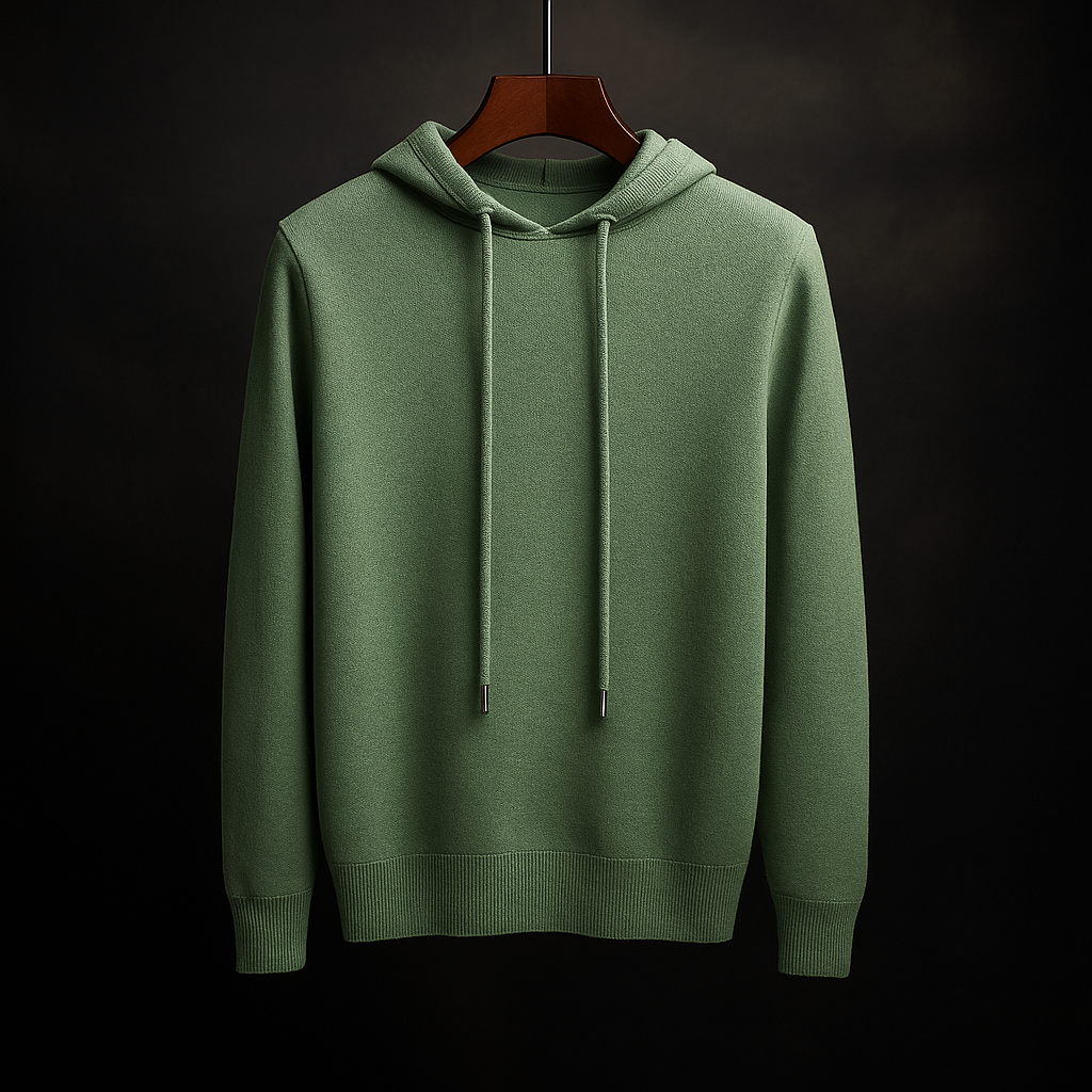 Relaxed adjustable hood pullover, green color front view