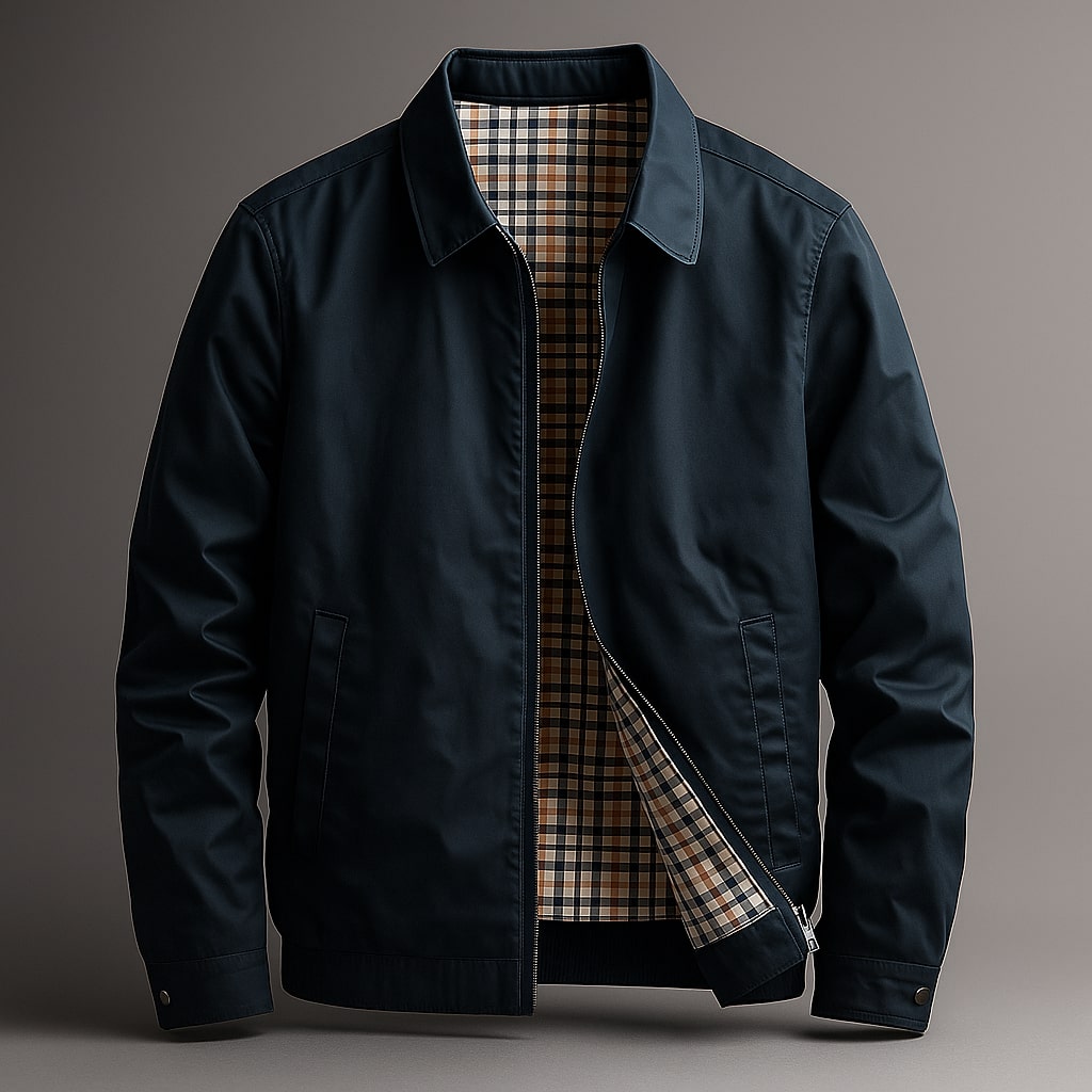 Navy blue men's lined checked jacket with stand collar and front zip