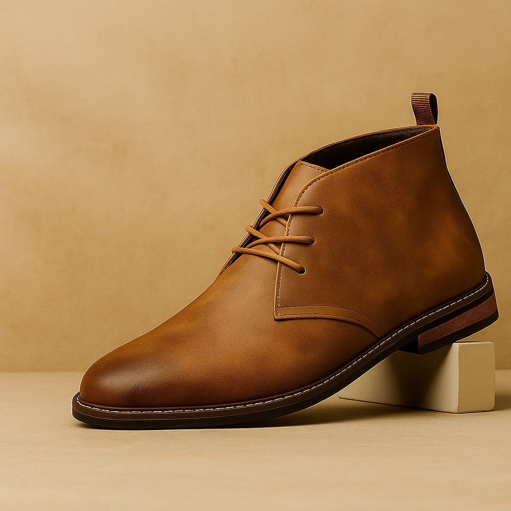 Classic hand-stitched chukka boots, caramel color front view