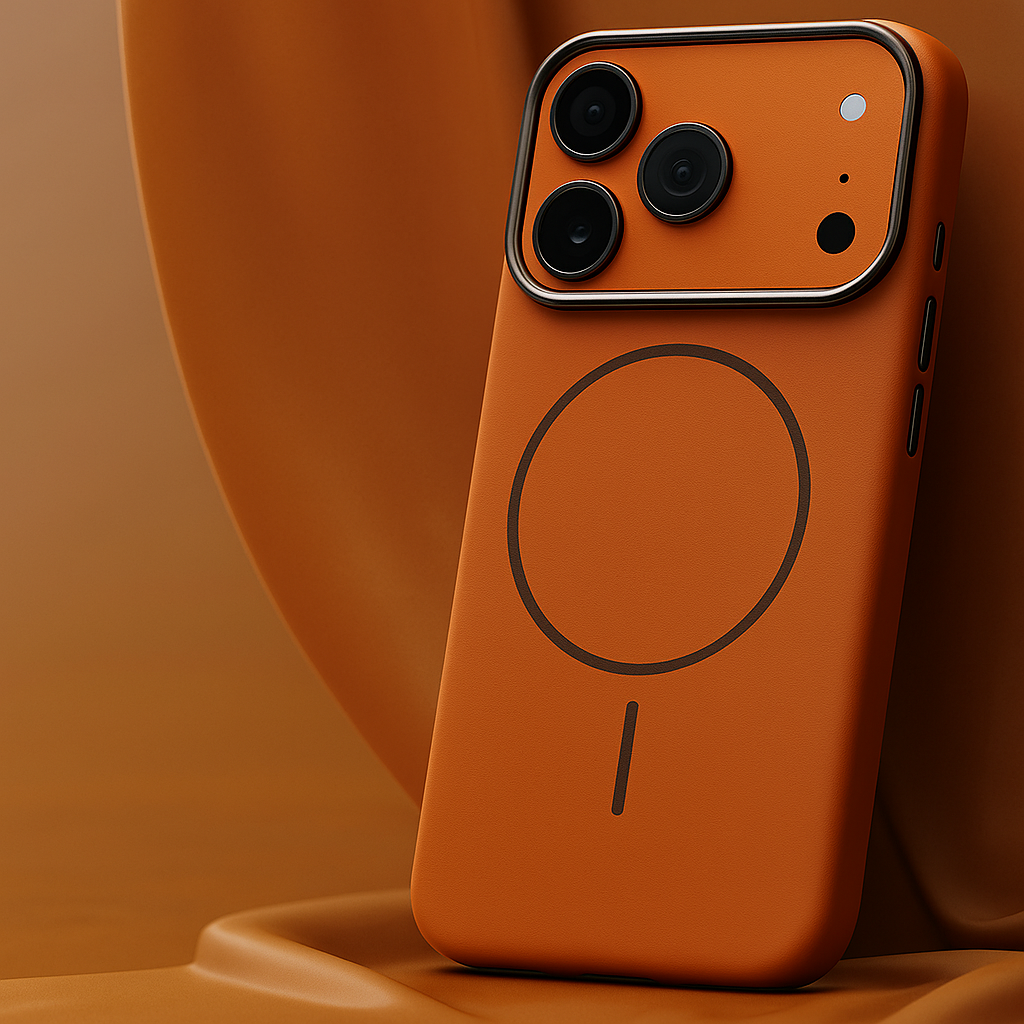 Textured leather phone case, orange back with circular finger ring and camera cutouts