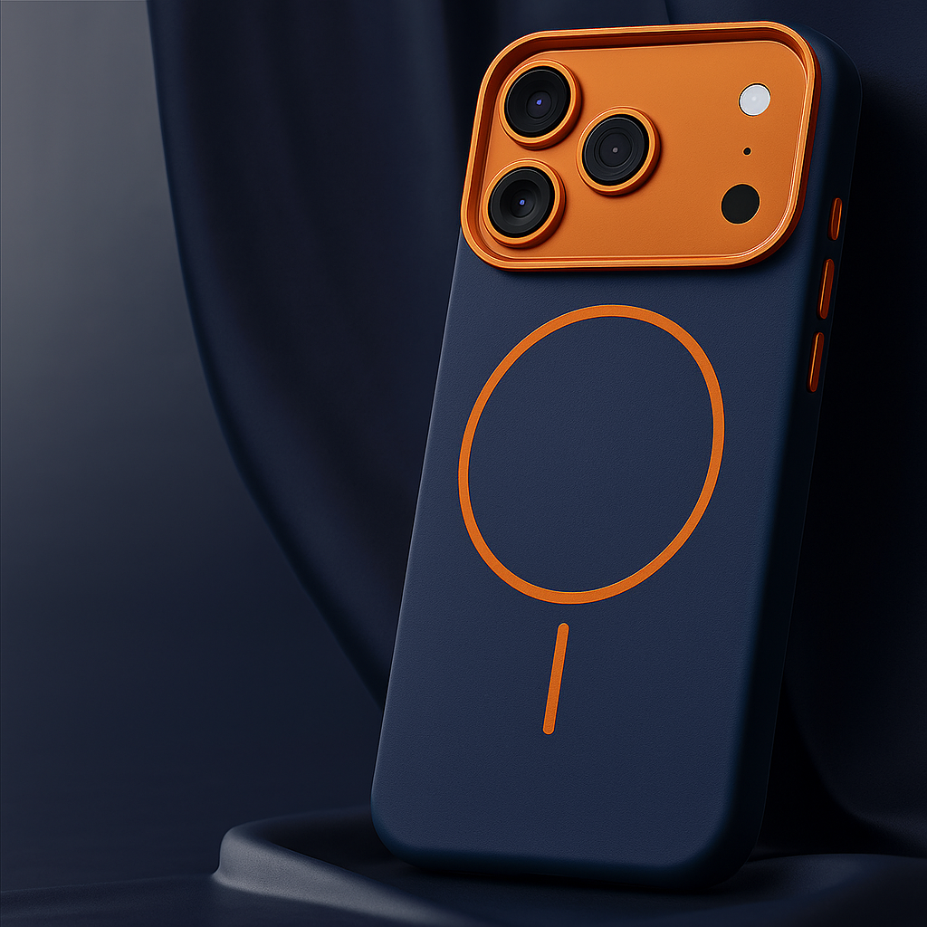 Textured leather phone case, dark blue back with orange camera bezel and circular finger ring