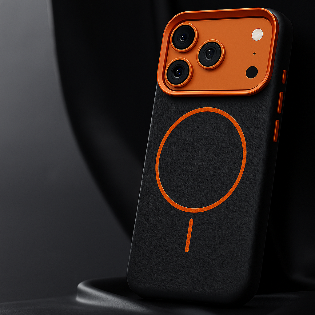 Textured leather phone case, black back with orange camera bezel and circular finger ring