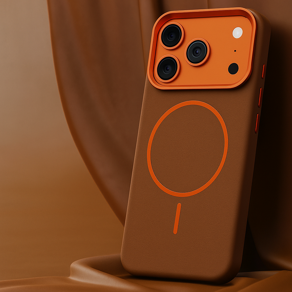 Textured leather phone case, brown back with orange camera bezel and circular finger ring