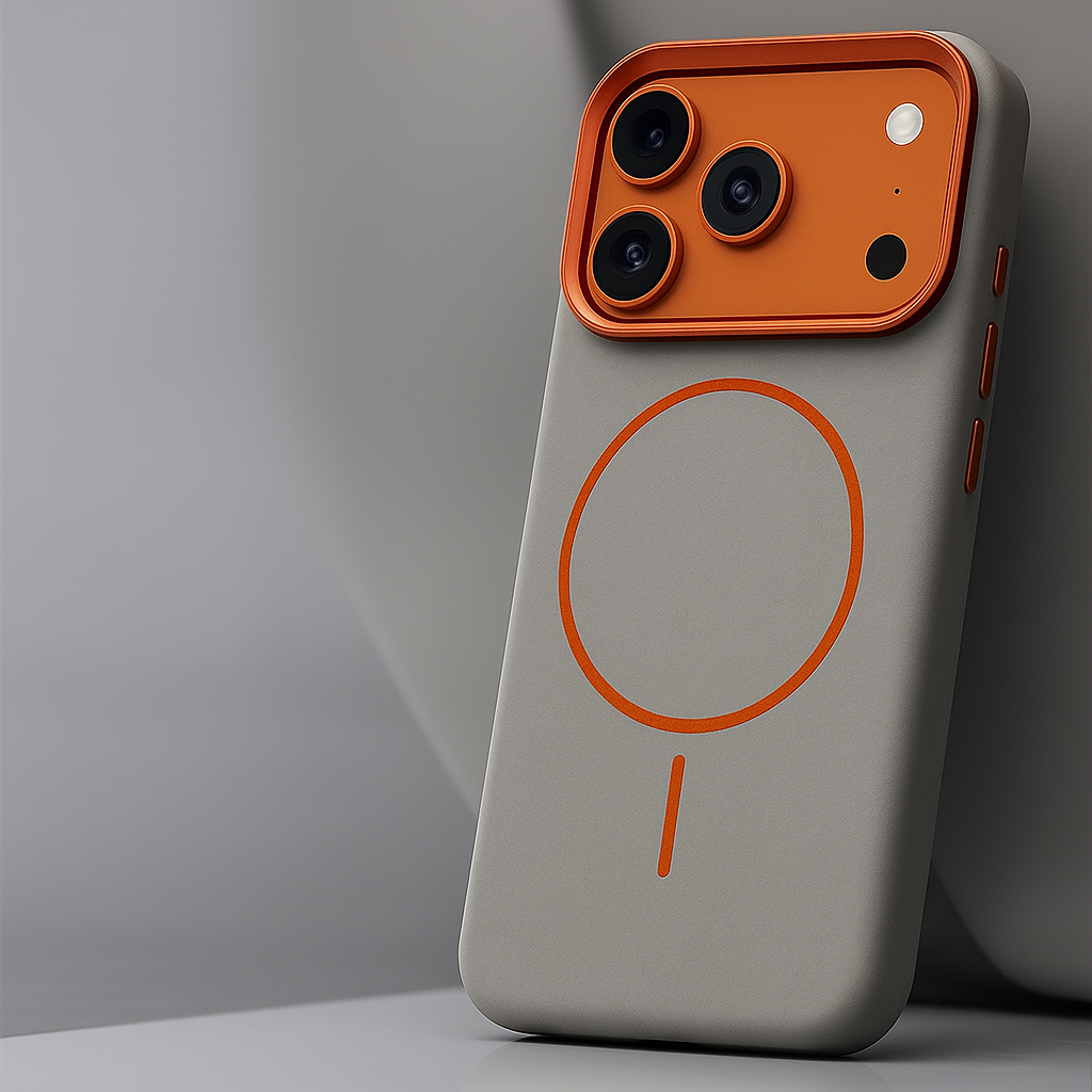Textured leather phone case, gray back with orange camera bezel and circular finger ring