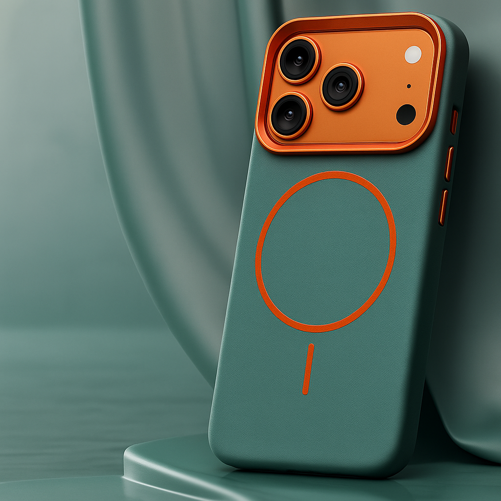 Textured leather phone case, teal back with orange camera bezel and circular finger ring