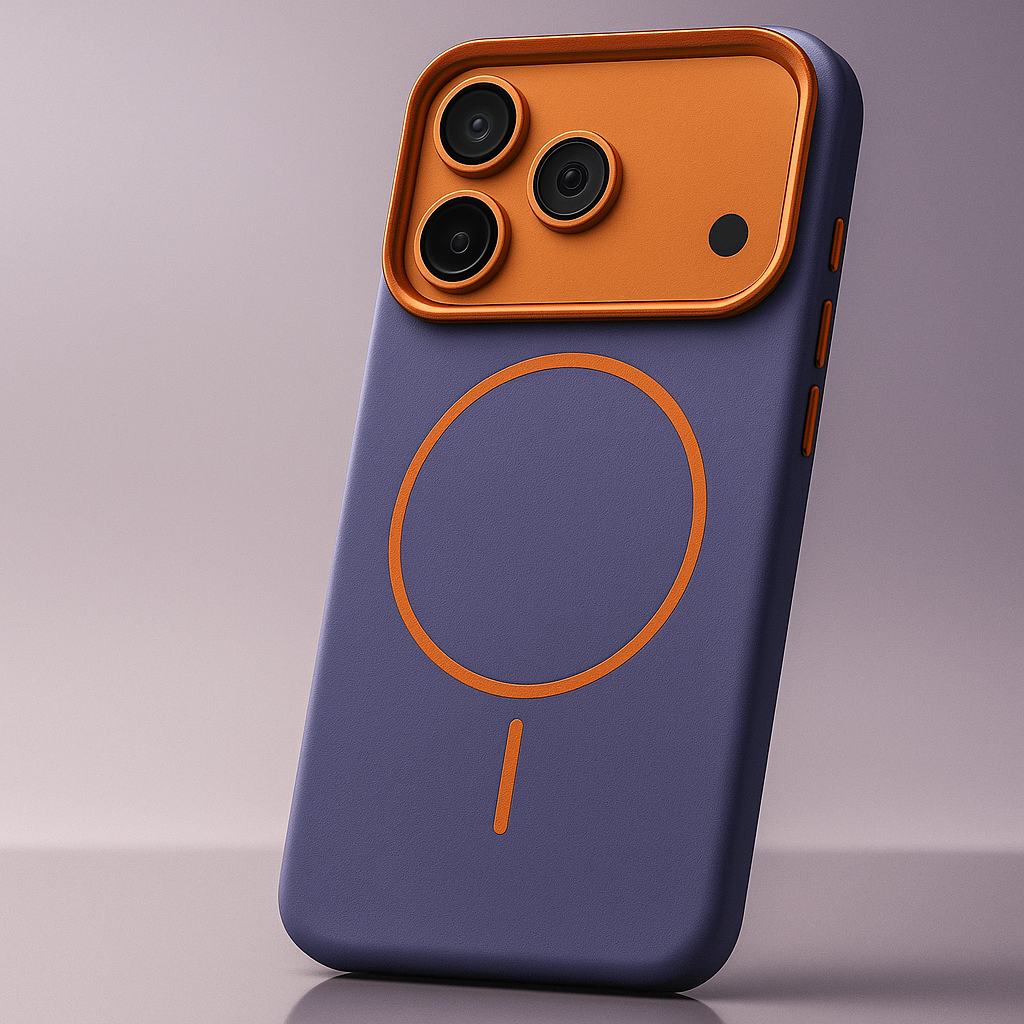 Textured leather phone case, purple back with orange camera bezel and circular finger ring