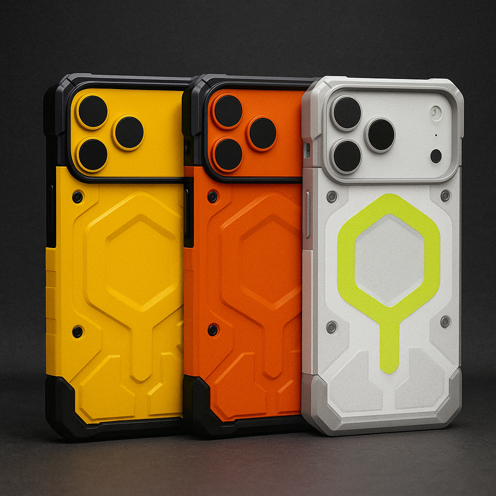Dual-layer armor phone cases, yellow, orange, and white, with raised shield emblem on back