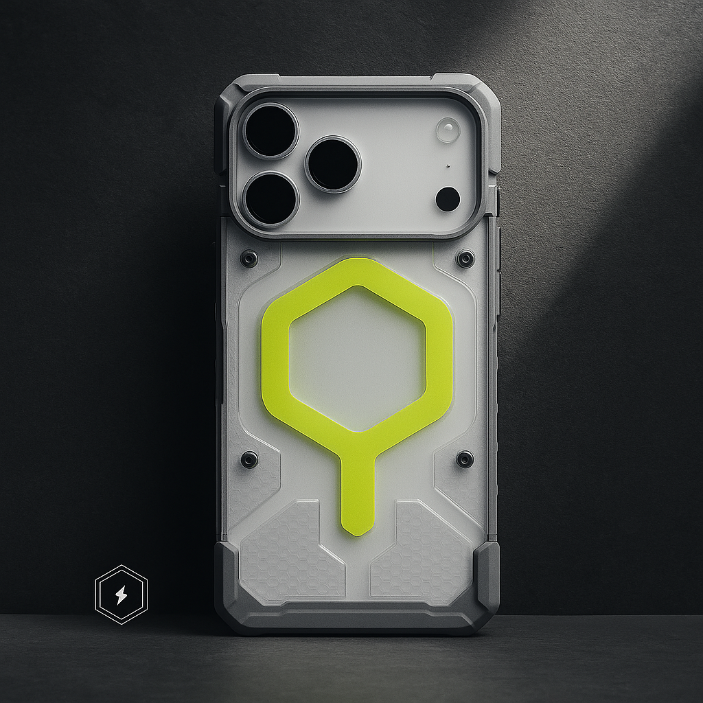 Dual-layer armor phone case in clear gray with neon green shield emblem and camera cutouts
