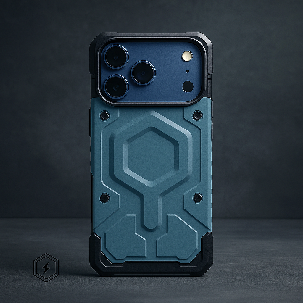 Dual-layer armor phone case in dark blue with raised shield emblem and camera cutouts