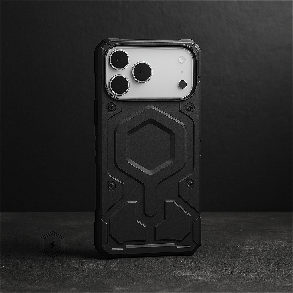 Dual-layer armor phone case in black with raised hex shield emblem and camera cutouts