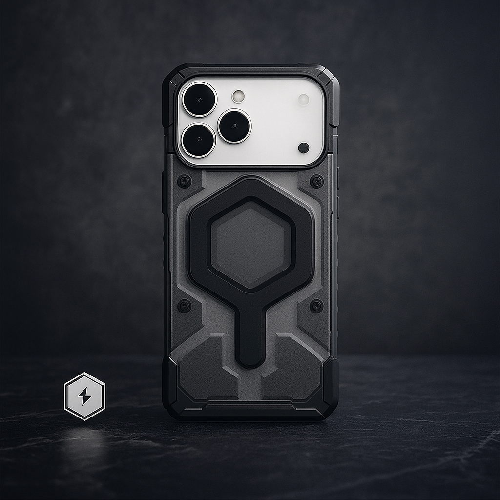 Dual-layer armor phone case in black with raised hex shield emblem and camera cutouts