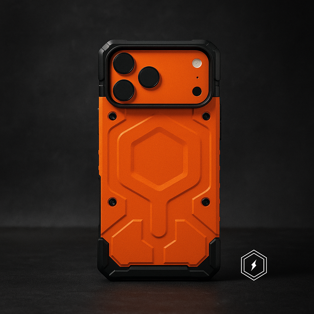Dual-layer armor phone case in orange with raised shield emblem and camera cutouts