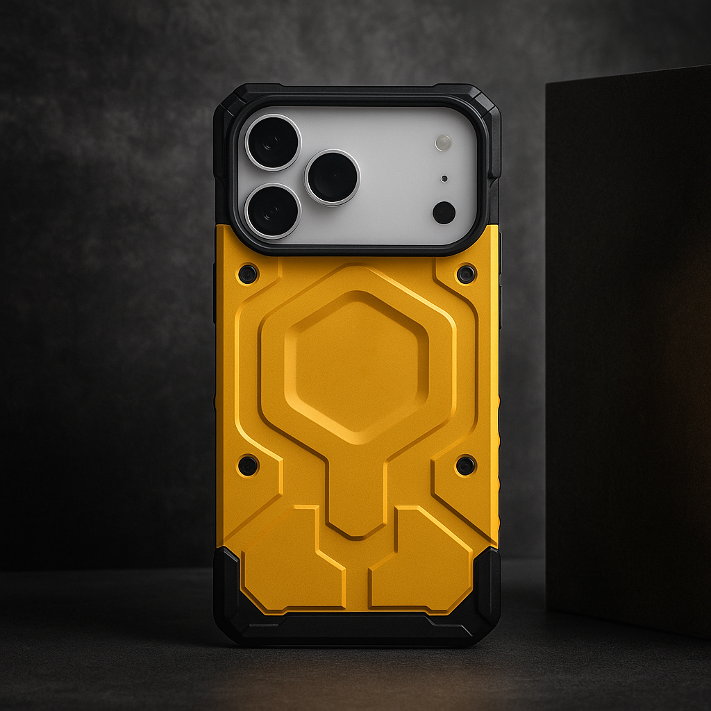 Dual-layer armor phone case in bright yellow with raised shield emblem and camera cutouts
