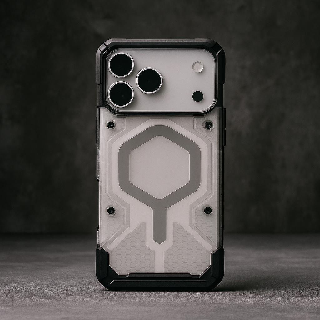 Dual-layer armor phone case in dark, matte gray with raised hex shield emblem and camera cutouts