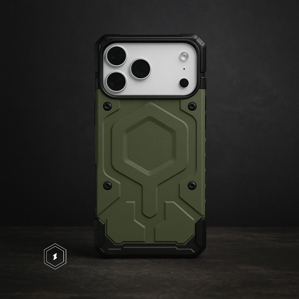 Dual-layer armor phone case in olive green with raised shield emblem and camera cutouts