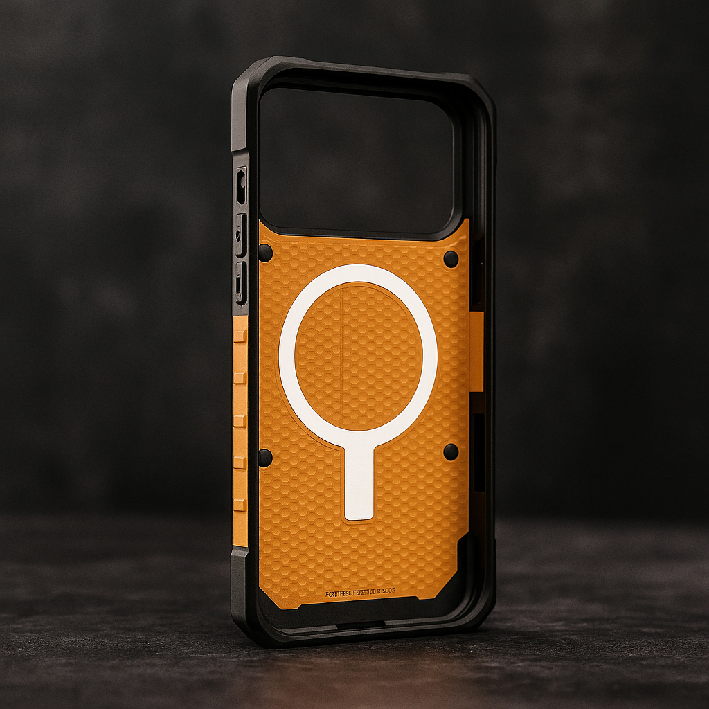 Rugged dual-layer armor phone case, orange texture with round stand/holder