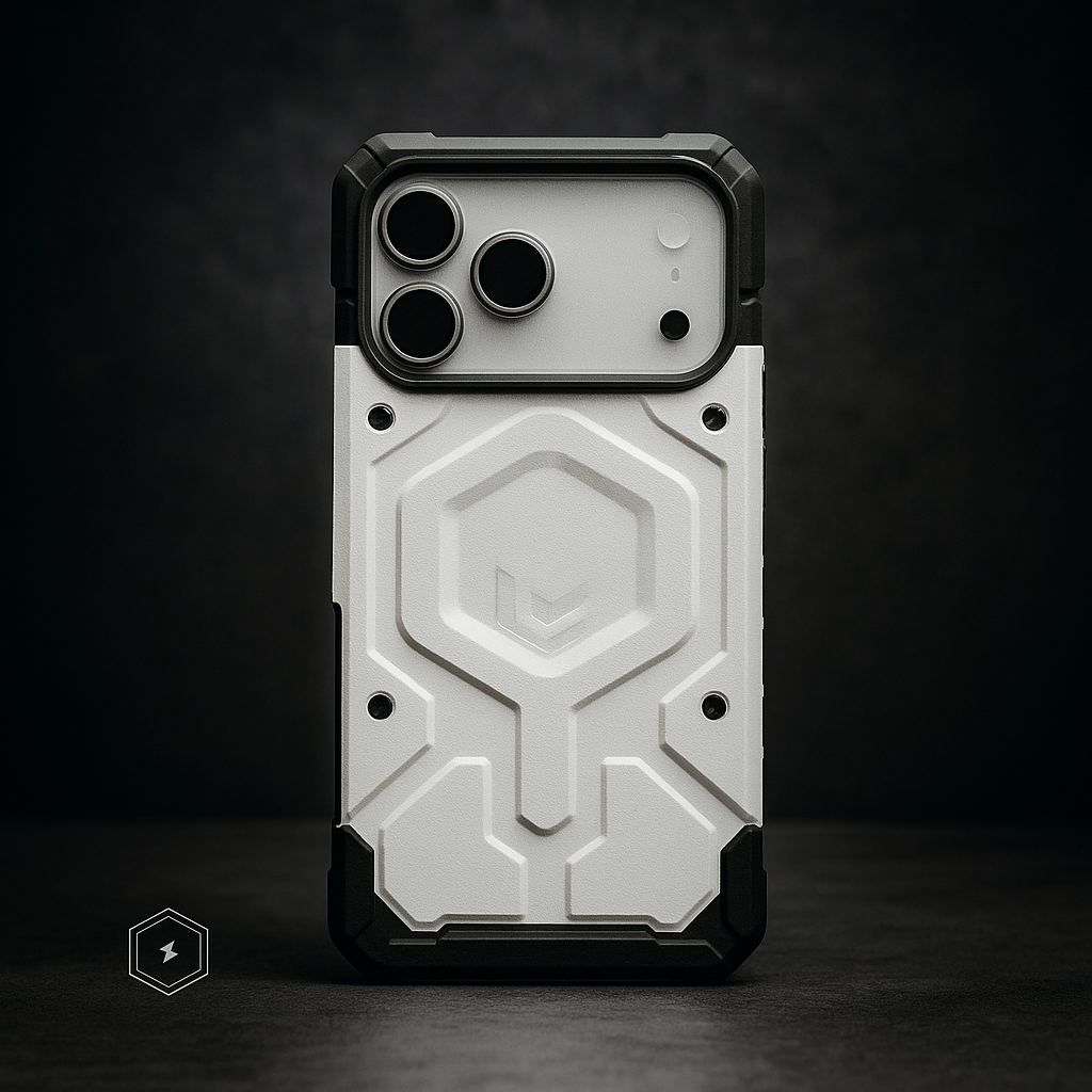 Dual-layer armor phone case in white with raised shield emblem and camera cutouts