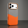 Gray textured leather camera guard case with orange bottom panel and diagonal stitch trim