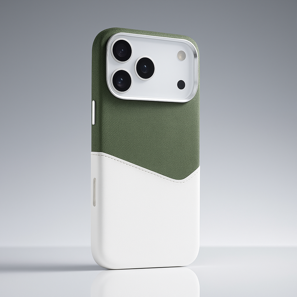 Green textured leather camera guard case with white bottom panel and camera cutouts