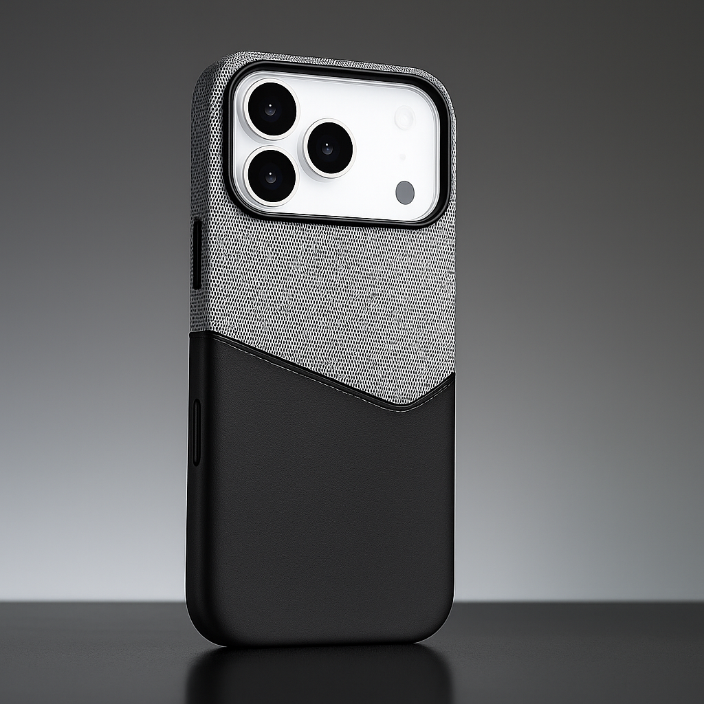 Black leather camera guard case with gray textured top and raised camera lens openings