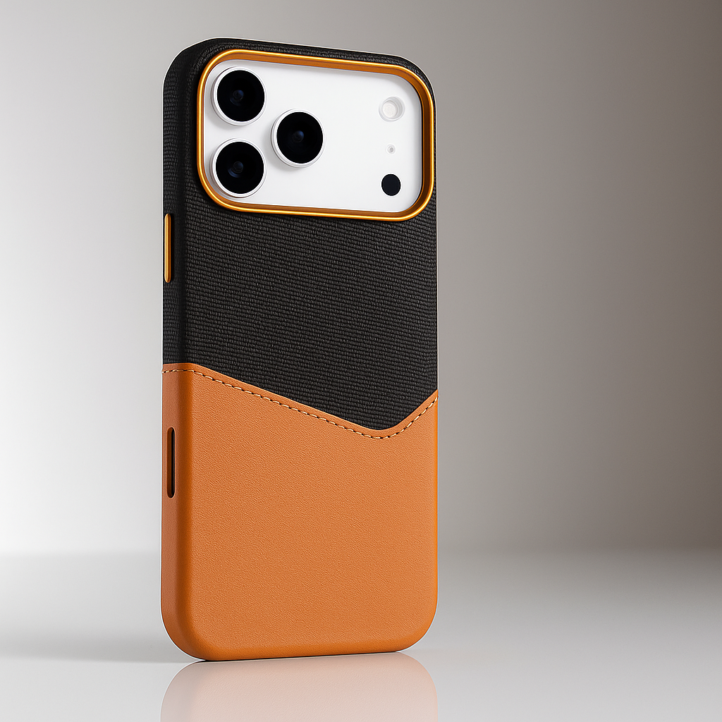 Gray textured leather case with orange panel and orange edge border around camera housing