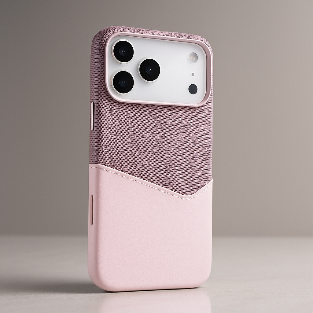 Pink textured leather camera guard case with light pink bottom panel and camera lens openings