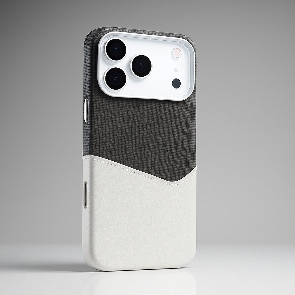 Dark gray textured leather camera guard case with white bottom panel and camera cutouts
