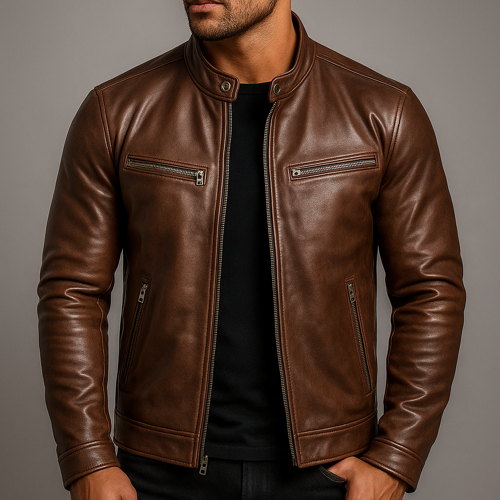 Men's vintage brown leather four-pocket jacket, front zip, zip side and chest pockets