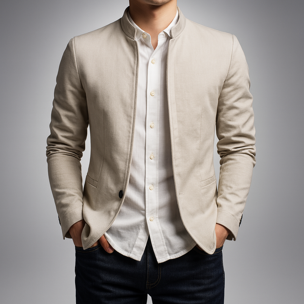 Men's light beige mandarin-collar zip jacket with stand collar and zip front