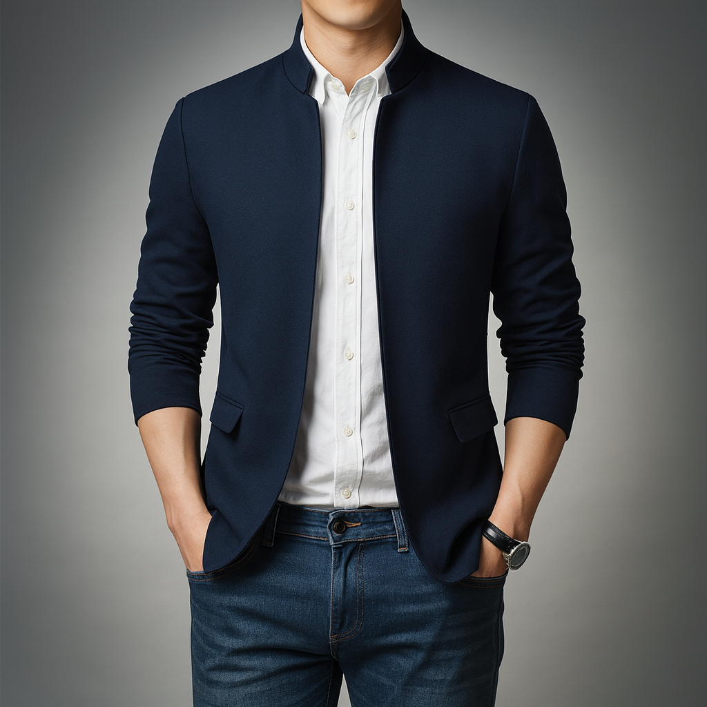 Men's navy mandarin-collar zip jacket with stand collar and side pockets