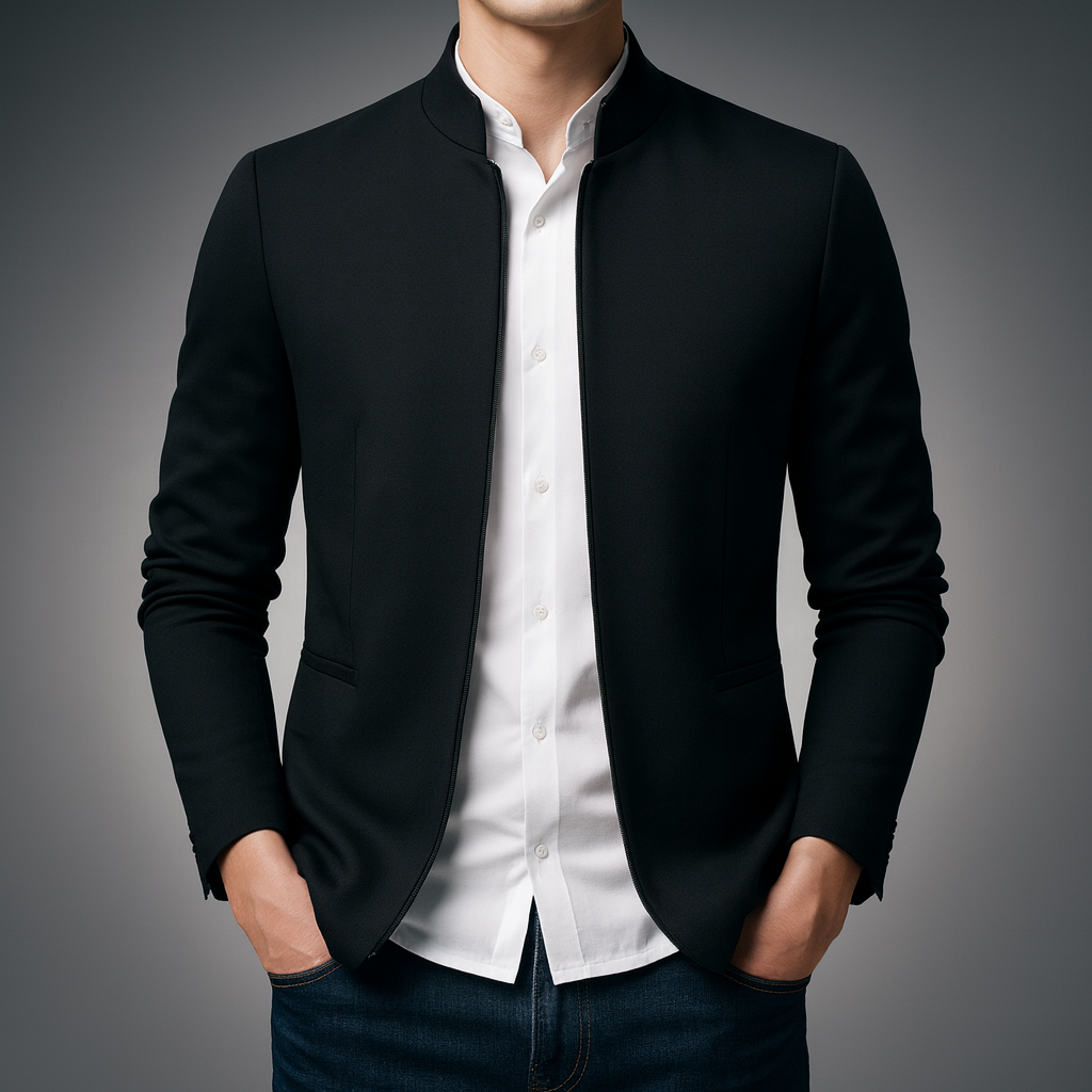 Men's black mandarin-collar zip jacket with zip front and side pockets
