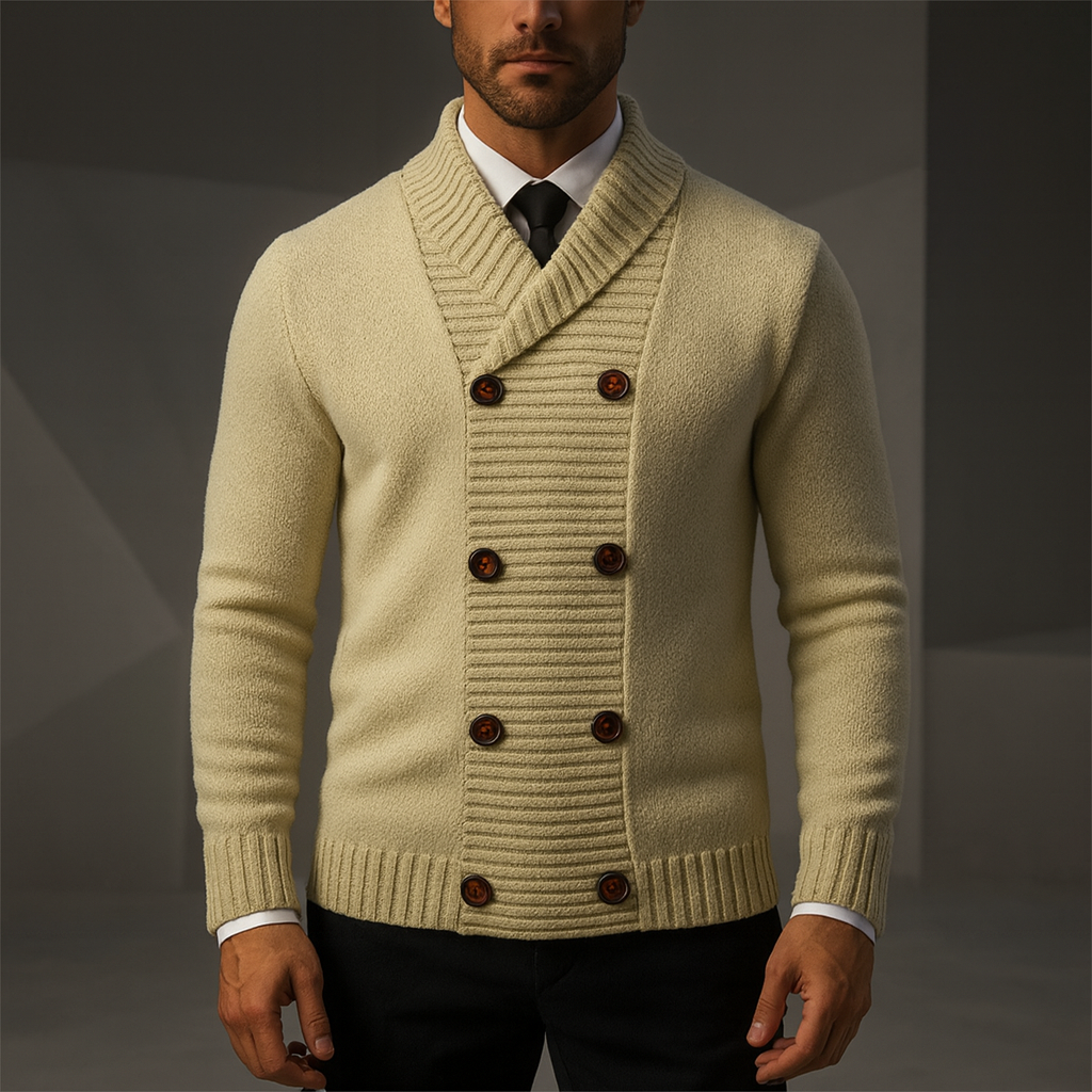 Men's shawl-collar double-breasted cardigan, light cream knit with dark buttons